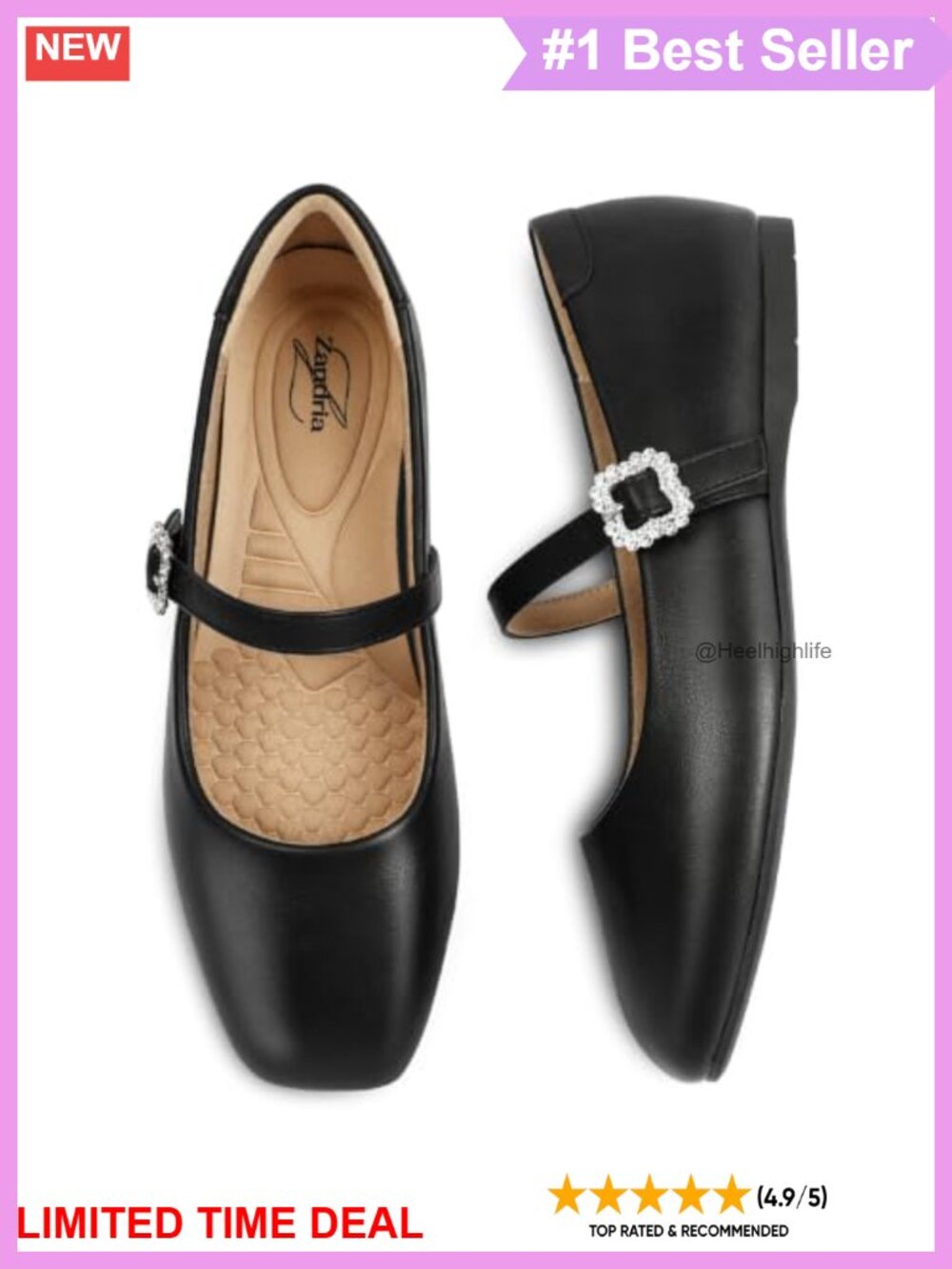 Square Toe Mary Jane Ballet Flats Faux Leather Rhinestone Buckle